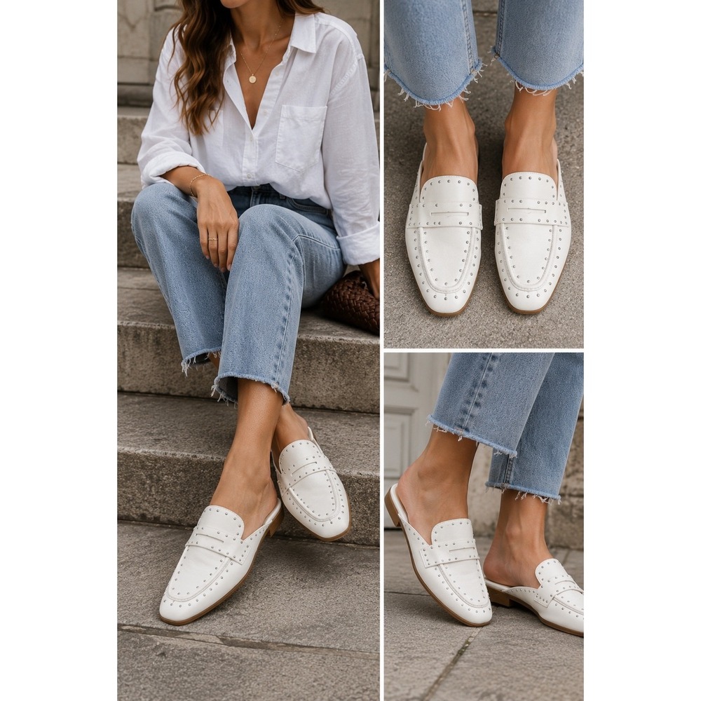 Steve Madden Malvern White Studded Mule Loafers Backless Flats Size 8